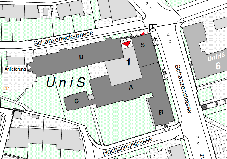 Lageplan mit rollstuhlgängigen Zugängen zum UniS.